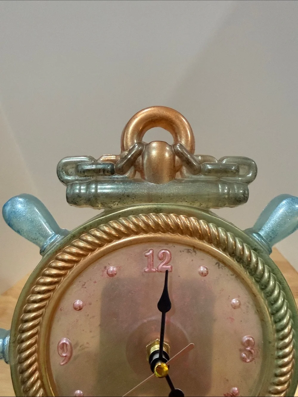 Nautical Anchor Ship Wheel Wall Clock — Bronze and Blue Coastal Accent